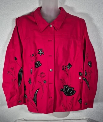 Vtg Quacker Factory Red With Black Floral Denim Jacket Size 3X - Image 1 of 4