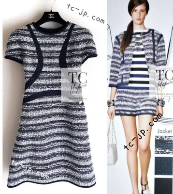 CHANEL 13S Navy White Stripe Cotton Keira Lessage Tweed Dress Karl Lagerfeld 38 - Image 1 of 4