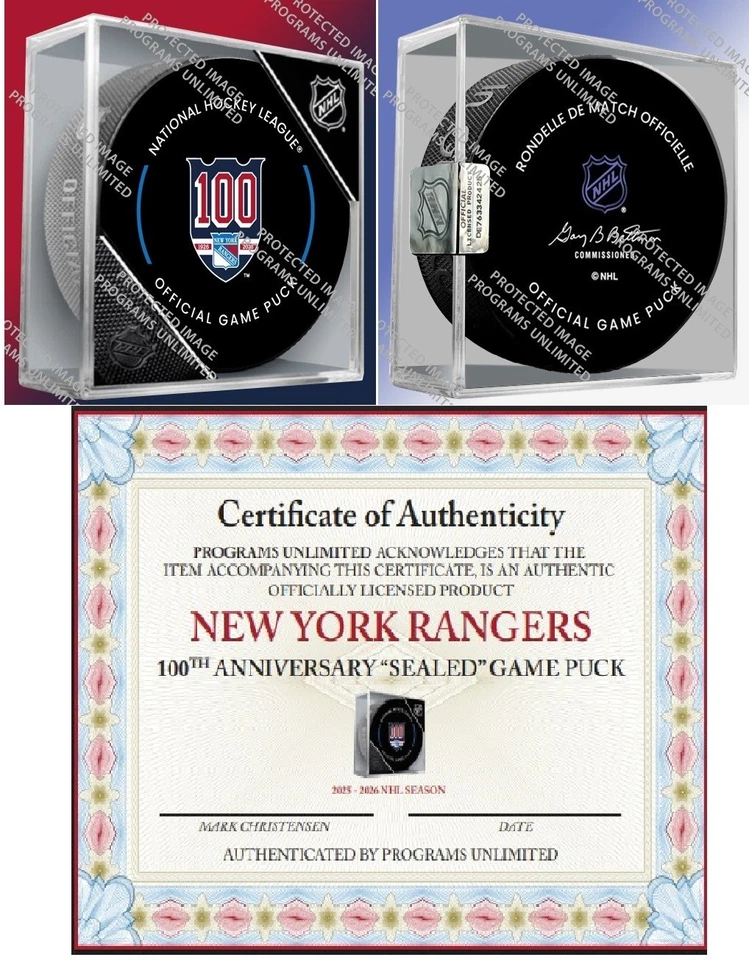 2025 2026 NEW YORK RANGERS N.Y. 100TH ANNIVERSARY GAME PUCK CUBED PATCH IN STORE - Image 1 of 4