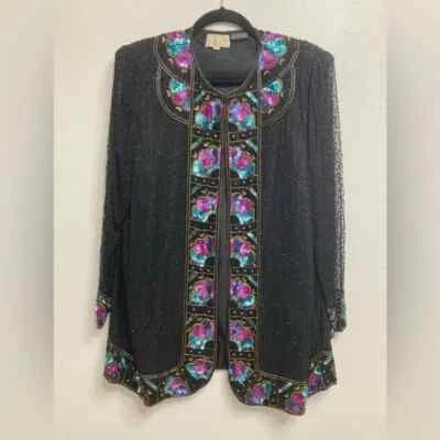 Roaman’s Women’s Vintage Beaded Cardigan, 1980’s, Disco, sequins, silk - Size A6 - Image 1 of 4