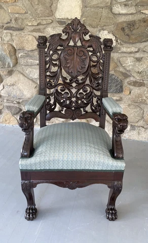 R. J. HORNER CARVED OAK WINGED GRIFFIN DESK CHAIR Cover