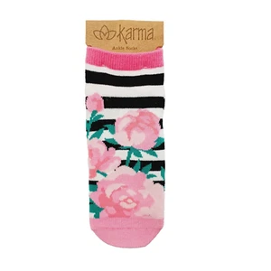 Karma Ankle Socks Women Boy Peonies Black and White Stripes Pink Rose NEW NWT - Picture 1 of 7