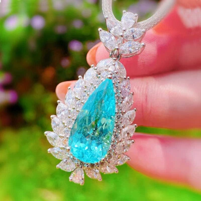 European Teardrop Neon Blue Tourmaline Gemstone Silver Drop Necklace Pendants - Image 1 of 4