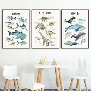 Whales Shark Dinosaurs Chart Child Poster Educational Nursery Art Canvas Print