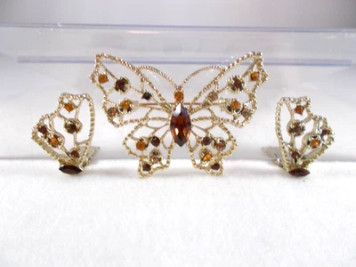 Broche y pendientes de clip Dodds dorado ámbar topacio estrás mariposa envío gratuito Foto 1 de 4