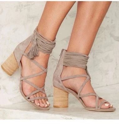 Jeffrey Campbell Despina Correas Tacón Bloque 9.5 Taupe Gamuza Zapatos Boho Chic Foto 1 de 4