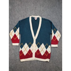 Vintage Paris Sport Argyle Cardigan Sweater Thick Medium Granny Academia Preppy - Picture 1 of 8