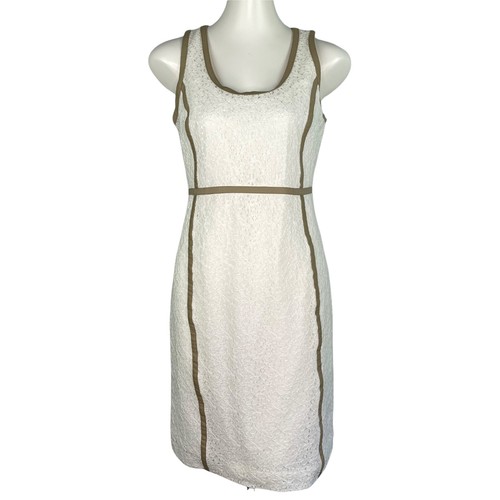 Abito donna Michael Kors bianco floreale pizzo marrone orlo tubino taglia 8P Petites