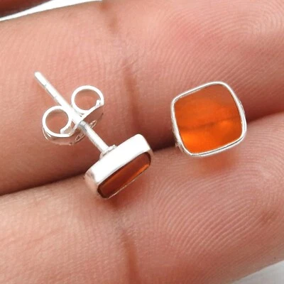 Stud Earrings Real 925 Sterling Silver Natural Carnelian Gemstone Christmas Gift - Image 1 of 4