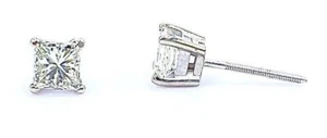 .85 ct princess cut DIAMOND stud earrings 14k white GOLD screwbacks - Picture 1 of 4