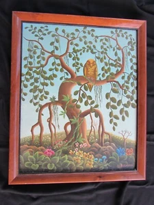 SIGNED OIL ON CANVAS - ROOSEVELT SANON - HAITIAN OUTSIDER ARTIST - PERCHED OWL - Picture 1 of 4