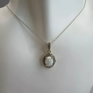 14K Yellow Gold Over 925 SS Opal and Diamond Pendant 18” Necklace - Picture 1 of 8