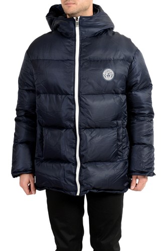 Giacca parka Versace uomo blu scuro effetto invecchiato con cappuccio cerniera intera US M IT 50