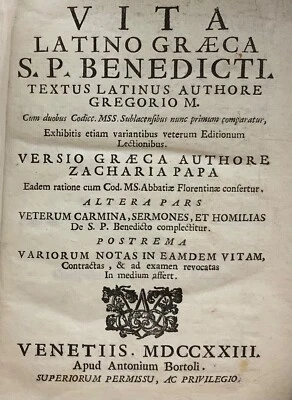 1723 Vita Latino Graeca St. Benedict Pope Gregory I, Bortoli Imprint 1st Edition - Image 1 of 4