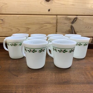 10 Vintage Holly Days Christmas Corning Corelle Milk Glass Coffee Cups Mugs - Picture 1 of 6