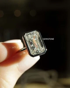6 CT Emerald Cut Bezel Set Moissanite Solitaire Engagement Ring 14K White Gold - Picture 1 of 6