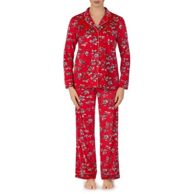 RED FLORAL VELOUR PAJAMAS SECRET TREASURES LONG COLLAR BUTTON FRONT MEDIUM - Image 1 of 4