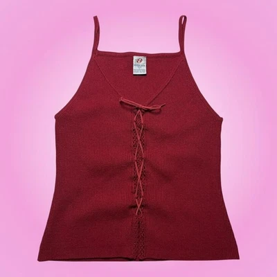 Y2K Anchor Blue Red Knit Lace-Up Cami Tank Top  - Image 1 of 4