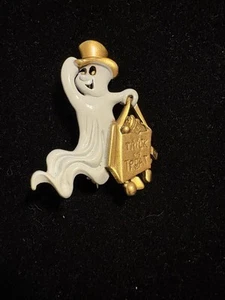 Vtg Rare Signed Danecraft Metal Enamel White Ghost & Gold Tone Brooch Halloween - Picture 1 of 4