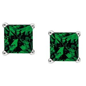 2Ct Simulated Emerald Stud Princess Cut Solitaire Earrings 14K White Gold Silver - Picture 1 of 9