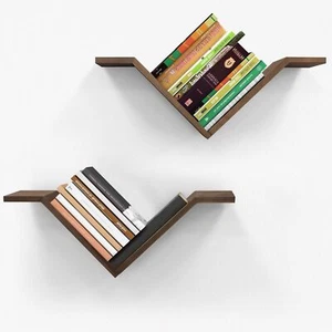 Book Shelf for Wall Set of 2, Modern Hanging Bookshelf Wall 2 Tier Walnut - Picture 1 of 7
