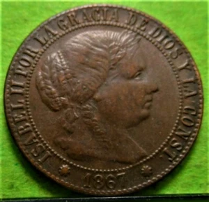 aXF, ISABEL II, 1 Céntimo de Escudo, 1867, BARCELONA, Aureo & Calico.-654,Copper - Picture 1 of 2