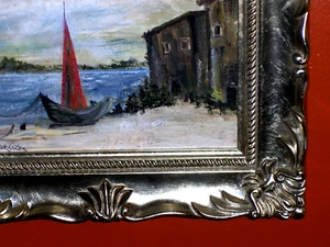Vecchio dipinto olio vintage grigio nero NAVE barca da pesca sul molo firmato C Webster - Foto 1 di 12