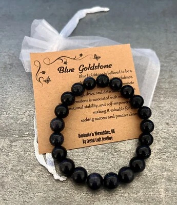 Pulseira elástica feita à mão BLUE GOLDSTONE + bolsa de presente e cartão pedra preciosa cristal 8mm - Imagem 1 de 2