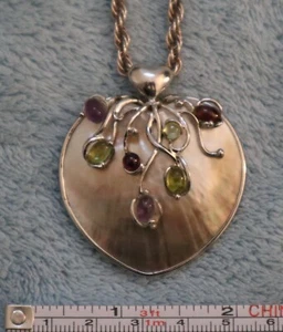 Rare Garnet Amethyst Peridot 925 St. Silver MOP Heart Vine Pendant and Chain 38g - Picture 1 of 8