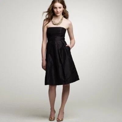 NUEVO CON ETIQUETAS J CREW Vestido de Cóctel Negro Seda Tafetán Plisado Sin Tirantes Línea A Talla 6P Foto 1 de 4