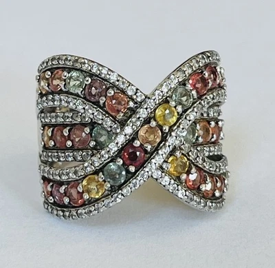 Designer 925 Sterling Silver Multi Color Sapphire Cross over Band Ring Size 7 - Image 1 of 4
