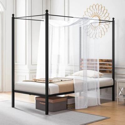 Marco de cama con dosel de 4 postes tamaño doble metal a prueba de óxido sin ruido con almohadillas para los pies Foto 1 de 4