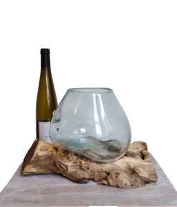 Große Schale aus Schmelzglas auf Holz/Handarbeit/Rustikal/Deko/Recyclingglas - Bild 1 von 9