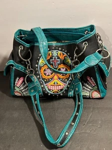 Bolso de hombro bordado con calavera de azúcar hoja en relieve negro y verde azulado - Imagen 1 de 19