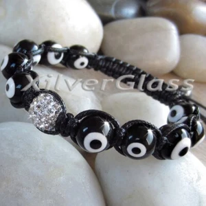 BLACK SHAMBALLA BRACELET EVIL EYE PROTECTION GLASS RHINESTONES CHARMS ADJUSTABLE - Picture 1 of 2