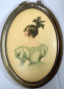 Antique Victorian Lady Girl Framed Portrait Print Leg o Mutton Sleeves 1890s