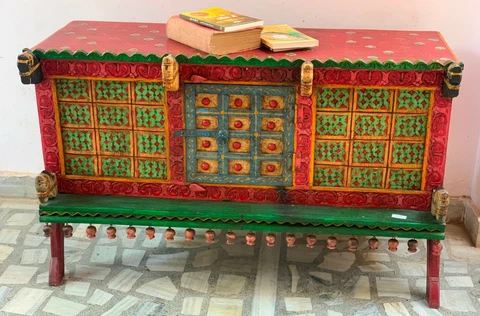 Antique Wooden Cabinet Hand Carved Painted Heavy Damachiya With Horse Faces Cover