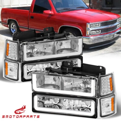 For 1994-1998 Silverado C10 C/K 1500 2500 Chrome Headlights LED DRL+Bumper Lamp - Image 1 of 4