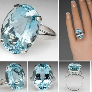 Nuevo Anillo de Plata 925 Grande Moda Corte Ovalado Aguamarina Mujeres Joyería Regalo Talla 6-10 - Imagen 1 de 14