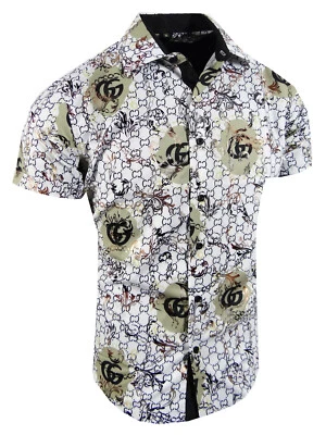 Camisa Para Hombres Manga Corta Logo Italiano Lámina Dorada Floral Puño Abatible Elastizada Calce Ajustado Foto 1 de 3