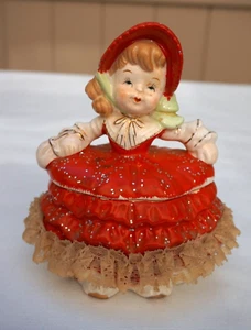 Vintage Girl with Bonnet Trinket Candy Jar - Hard Lace Glitter Red OLD REPAIR - Picture 1 of 20