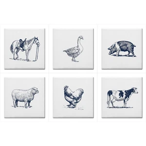 Farm Animals Ceramic Tile Set of 6 Home Decor Backsplash Tiles Blue and White - Picture 1 of 8