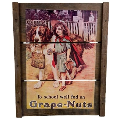 Vintage Grape Nuts Wood Sign To School Well Fed On Grape-Nuts Crate 1991 15x12" - Image 1 of 4