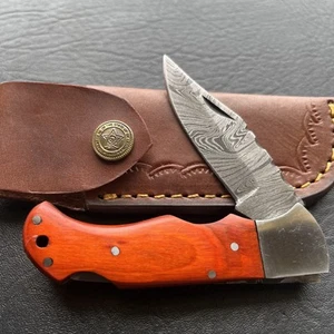ORANGE  WOOD HANDLE  DAMASCUS LOCKBACK   POCKET KNIFE - Picture 1 of 6