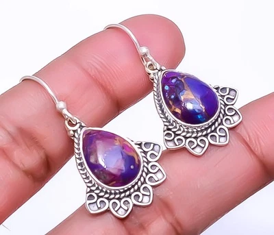 Copper Purple Turquoise 925 Sterling Silver Bali Earring 1.56" E_9344_128_21 - Image 1 of 4