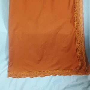 Vintage 70s Linen Tablecloth Harvest Orange 1970s Floral Lace Trim Scallop Edge - Picture 1 of 11