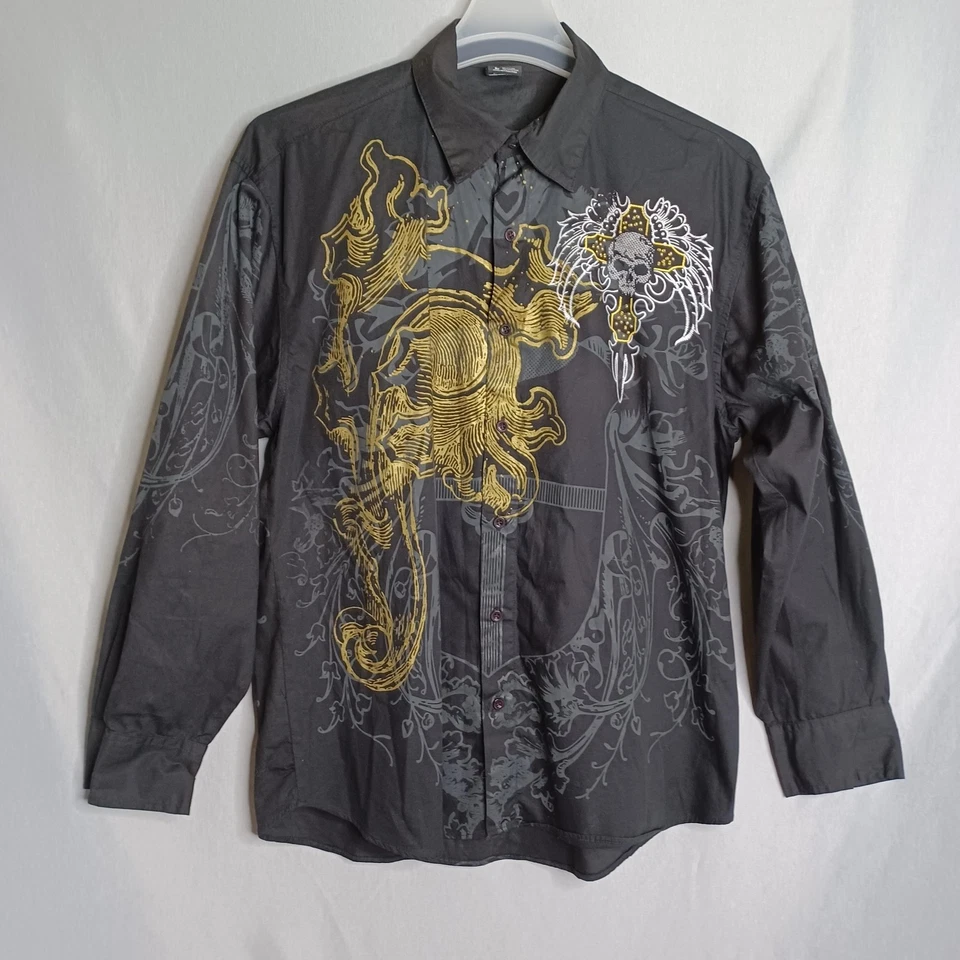 Brooklyn Xpress Shirt Mens Large Black Button Skull Cross Wings Biker Rocker - Image 1 of 4