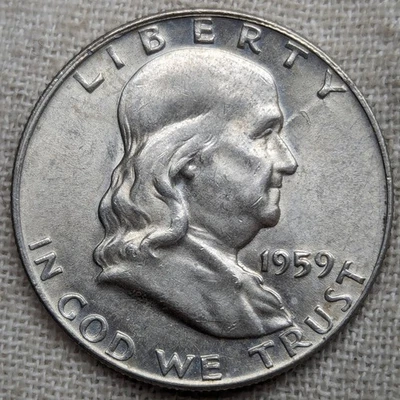 1959 D Franklin Half Dollar AU BU : Nearly FBL Full Bell Lines - .9 Fine Silver - Image 1 of 4