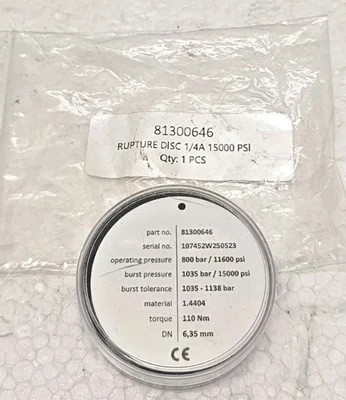 RUPTURE DISC 81300646 1/4A 15000 PSI MATERIAL 1.4404 TORQUE 110 NM FREE DELIVERY - Image 1 of 4