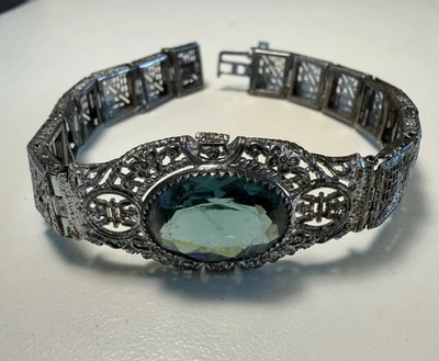 "ANTIGUO BRAZALETE ART DECO DE PLATA ESTERLINA .925 Y DIAMANTES AÑOS 1920-1930 TALLA 7""" Foto 1 de 4